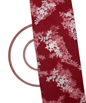 maroon colour floral net sequin embroidery fabric